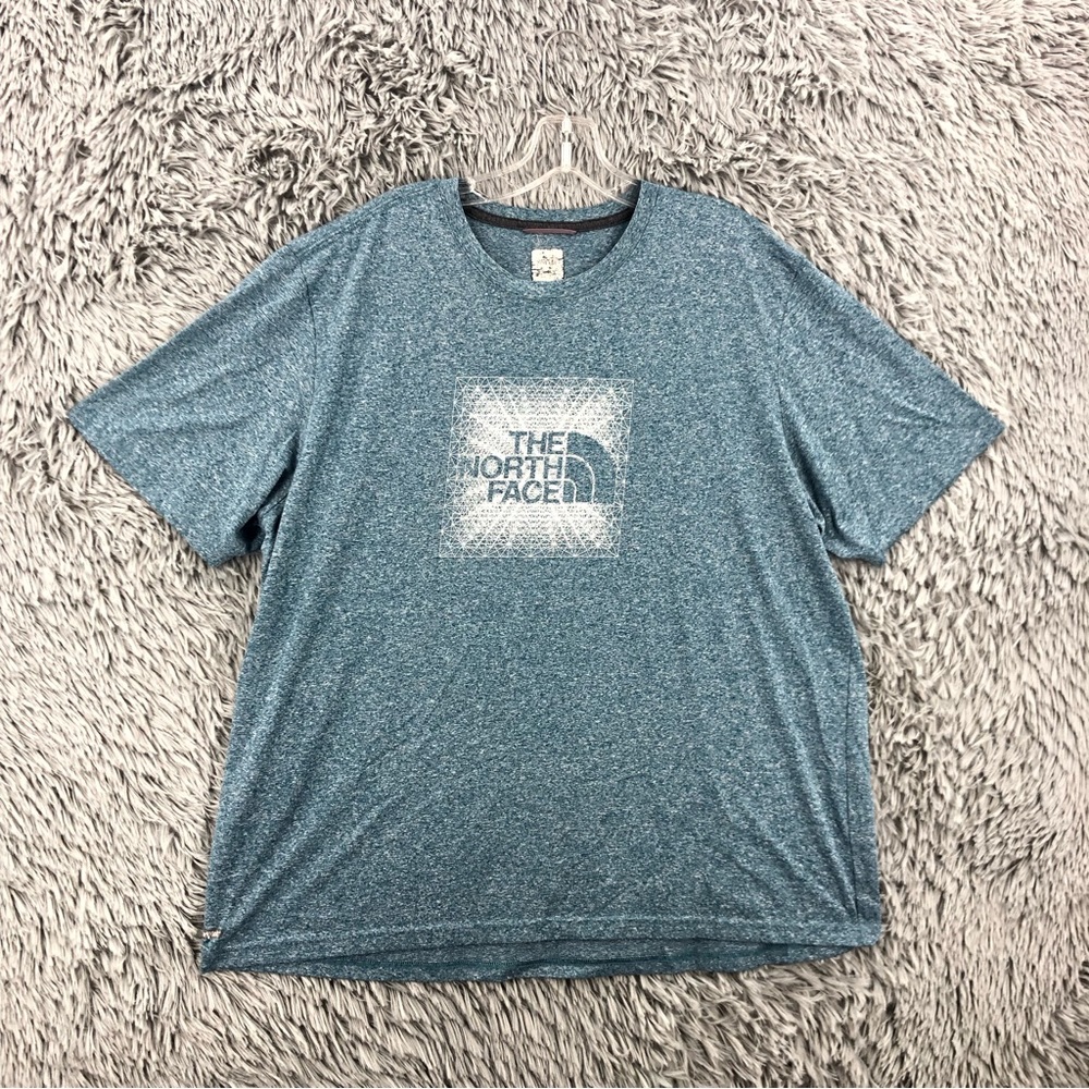 North Face Tshirt Mens Large Vapor Wick Blue Heathered Soft Shirt Spellout